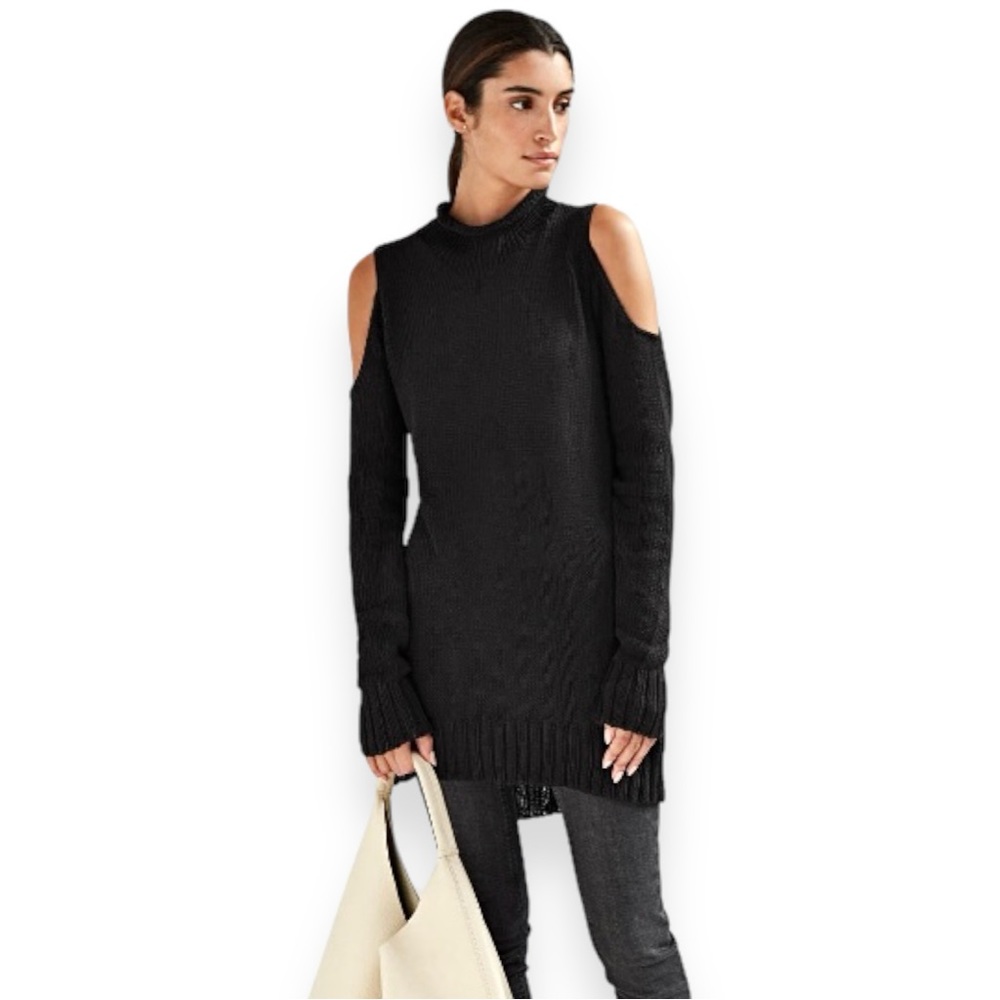 Elegant Black Cut-Out Shoulder Turtleneck Sweater